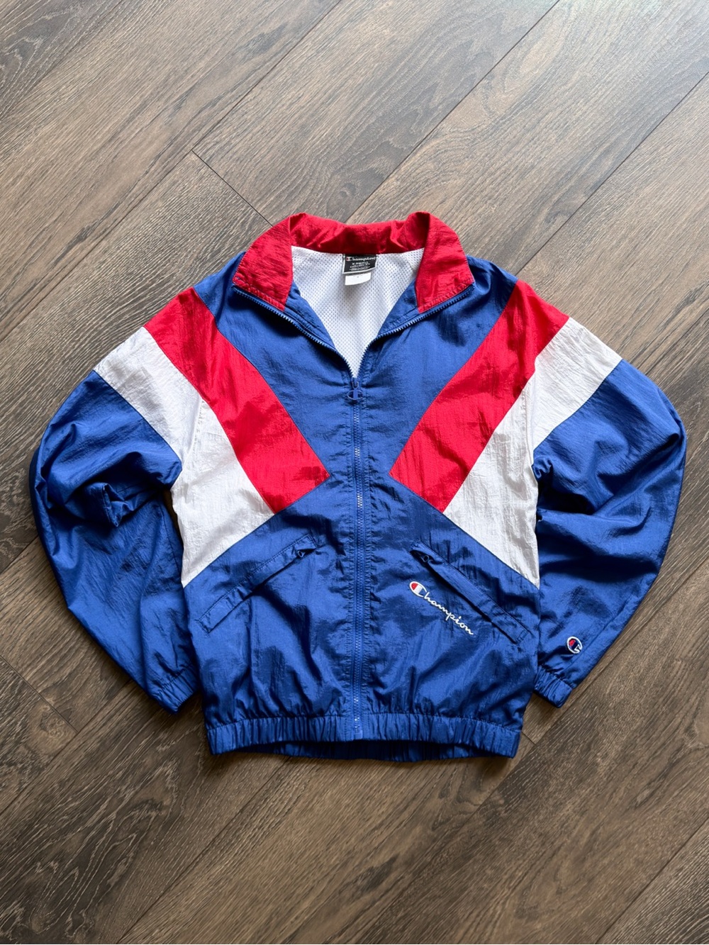 Champion XS Windbreaker Jacket Red White Blue Colorblock Full Zip Lightweight